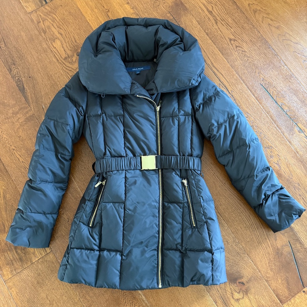 Black Cole Haan Down puffer jacket coat, gold trim zipper, buckle EUC,XS